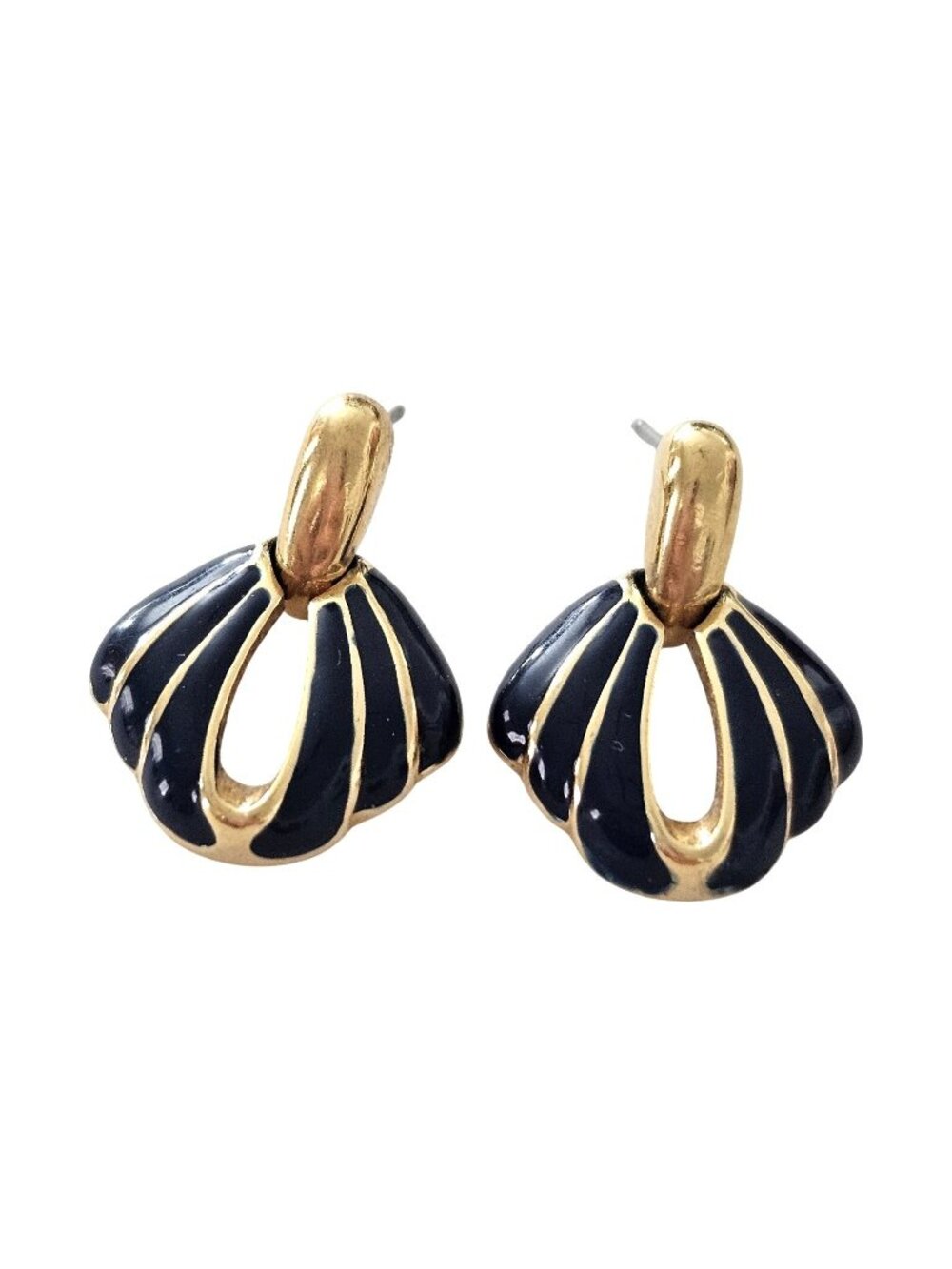 Vintage 80s Black Enamel Gold Toned Dangle Drop Pierced 1" Fan Earrings